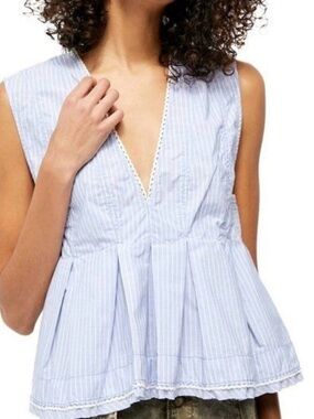 0162 Free People good feels blue Light Blue Stripe V-Neck peplum Tank Top